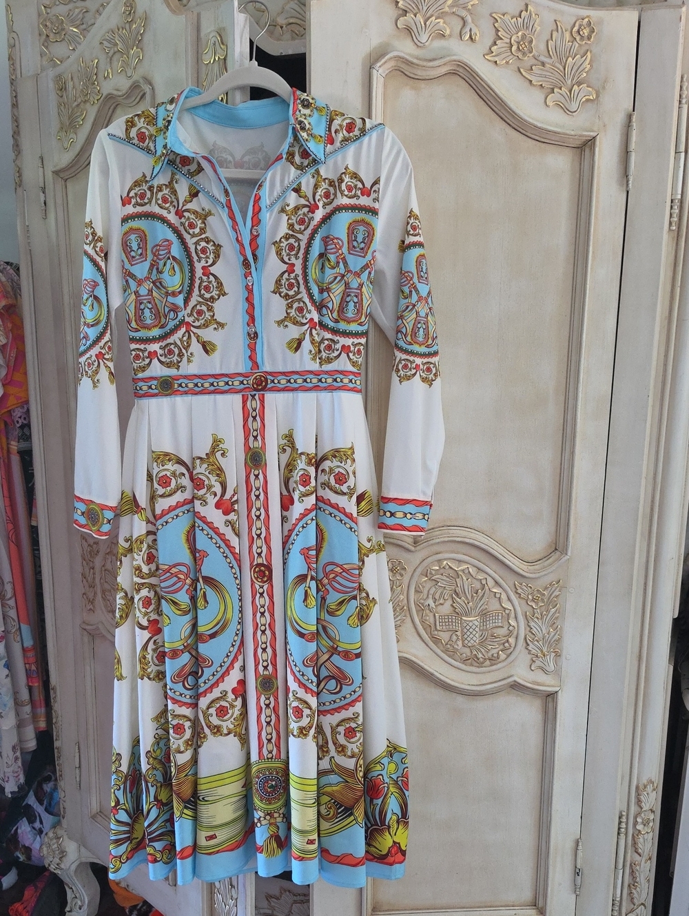 White Long-Sleeve Printed Midi Dress with Blue & Gold Motifs